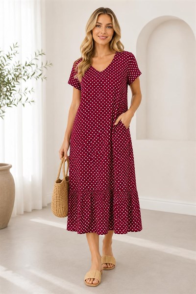Kadın V Yaka Puantiye Desen Katlı Midi Elbise Kırmızı
