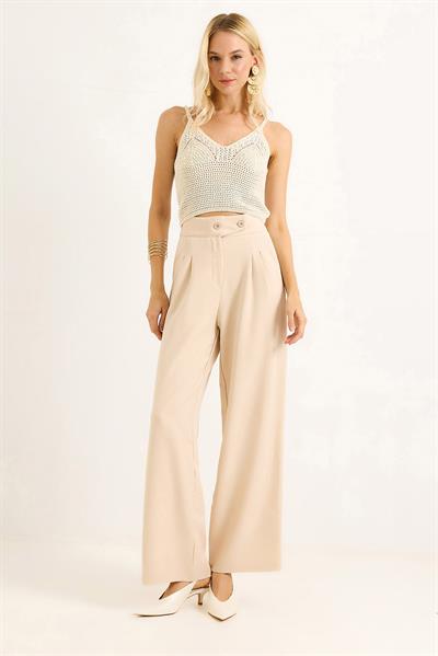 İki Düğmeli Şık Kumaş Geniş Paça  Pantalon  Bej