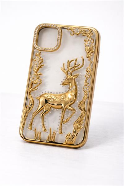 İphone 11 Uyumlu Geyik ve Çiçek Kabartmalı Kılıf Gold