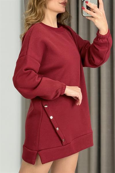 Bordo Kadın Yan Düğmeli Sweat Elbise -Tunik
