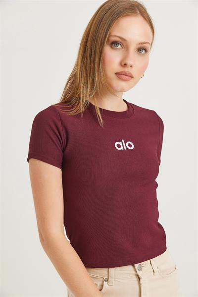 Bisiklet Yaka Alo Nakışlı Fitilli Crop Bluz Bordo