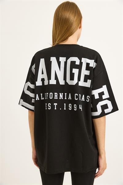 Sırt Baskılı Oversize Bisiklet Yaka Tshirt Siyah