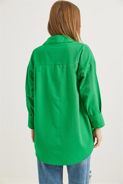 Kalp Nakışlı  Oversize Basic Gömlek Yeşil