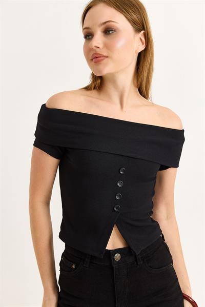 Kayık Yaka Düğme Detaylı Fitilli Örme Bluz Siyah 