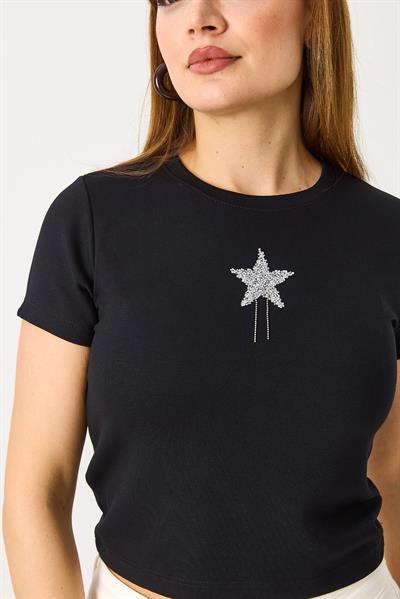 Kadın Kısa Kollu Yıldız Taşlı Crop Bluz Siyah