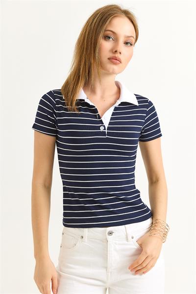 Polo Yaka Çizgi Desenli Kadın Tshirt Lacivert