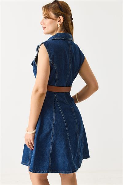 Kemerli Önden Düğmeli Kolsuz Denim Elbise Lacivert