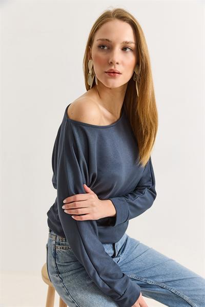Kadın Beli Bantlı Yarasa Yumuşak Dokulu Bluz ANTRASİT