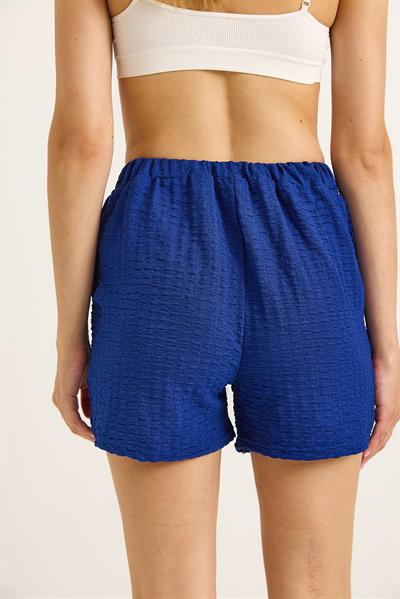 Gofre Kumaş Bel Lastikli Kadın Şort Saks