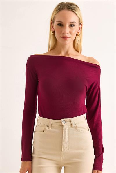 Kadın Geniş Yaka Uzun Kollu Bluz Bordo