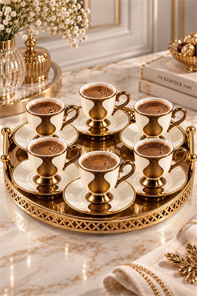 6lı Gold Damla Desenli Fincan Takımı Beyaz