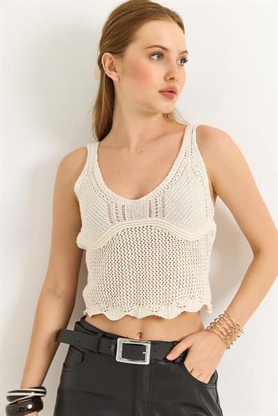 Ajurlu Geniş Yaka Crop Triko Bluz Bej