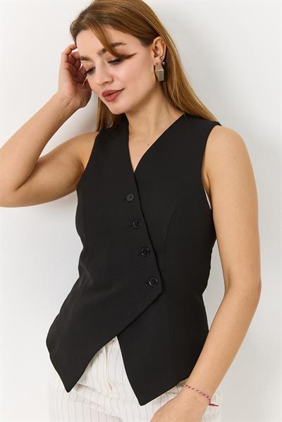 Kadın Çarpaz Düğmeli Kolsuz Yelek Siyah