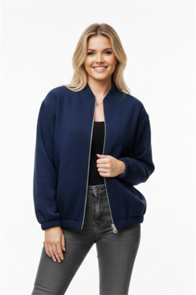 Üç İplik Şardonlu Lacivert Beli Lastikli Fermuarlı Hırka