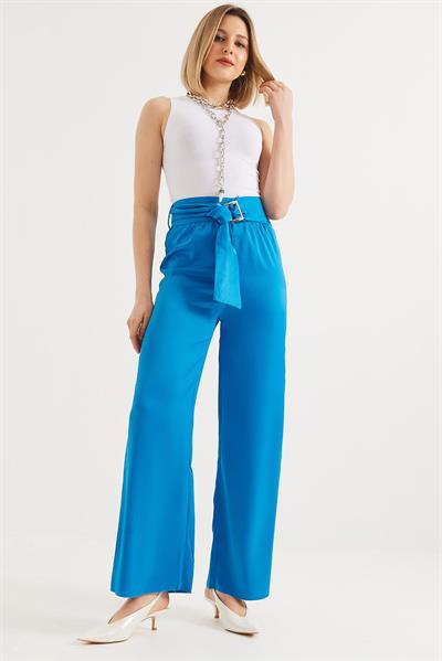 Kemerli Yüksek Bel İspanyol Paça Pantolon Mavi