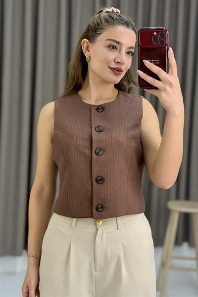 Kadın Çizgi Desenli Sıfır Kol Crop Yelek Kahverengi