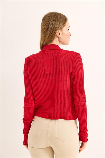 Polo Yaka Yazlık Triko Hırka Kırmızı