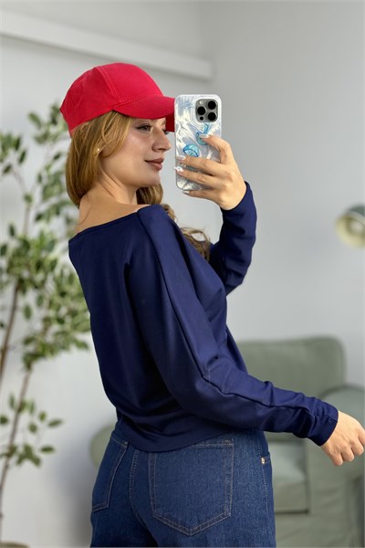Kayık Yaka Viskon 98 Baskılı  Uzun Kollu Tshirt Lacivert
