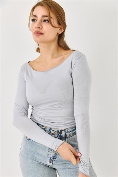 Kayık Yaka Kaşmir Uzun Kollu Bluz Gri
