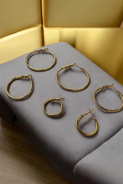 6 lı Üç Boy Çelik Halka Gold Küpe