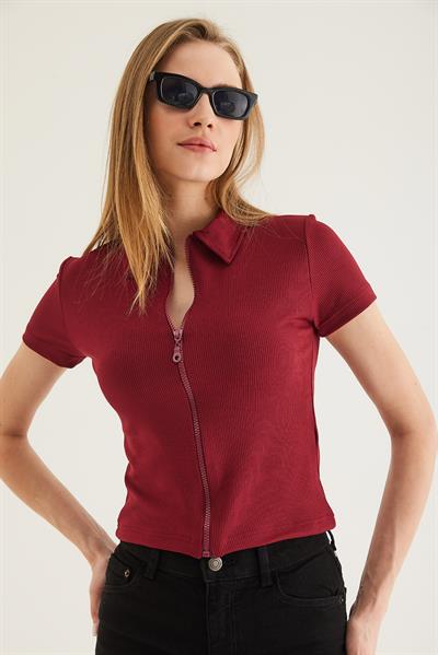 Polo Yaka Fermuarlı  Kaşkorse Bluz Bordo