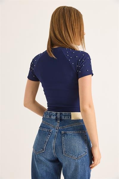 Regular Taş Detaylı Ottoman Crop Bluz Saks