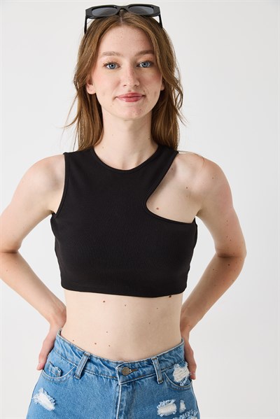 Kadın Göğüs Dekolte Kaşkorse Crop Bluz Siyah