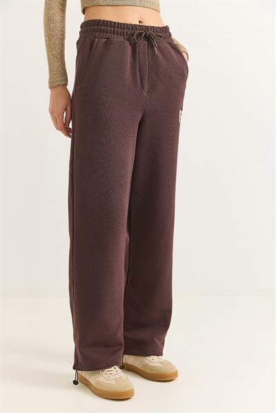 Kadın Paçası Lastıkli Geniş Paça Eşofman Altı Kahverengi