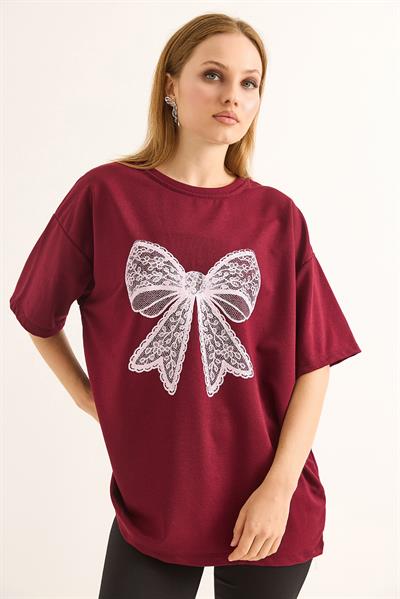 Fiyonk Baskılı Oversize Kesim Tshirt Bordo