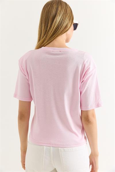 Vatkalı Bisiklet Yaka Basic Tshirt Açık Pembe