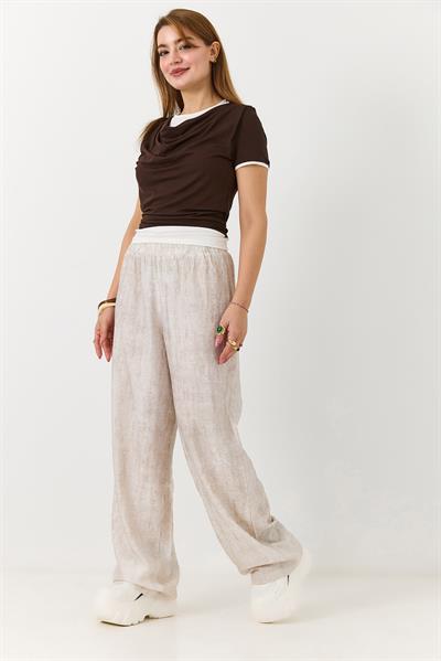 Kadın Desenli Beli Lastikli Bol Kesim Pantalon Bej 