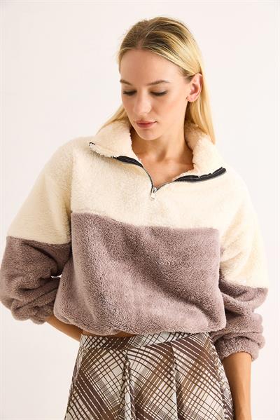 Yumuşak Beli ve Kolu Lastikli Fermuarlı Polar Swet Gri
