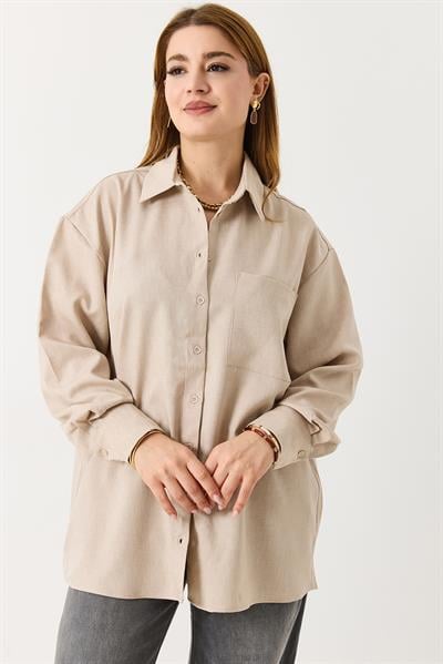 Kadın Oversize Müslin Kumaş Basic Gömlek Bej