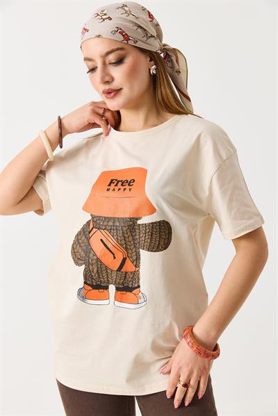 Kadın Baskılı Bisiklet Yaka Kısa Kol Tshirt Krem