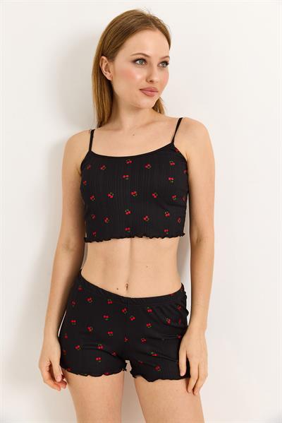 Croplu Kiraz Baskılı  Rahat Pijama Takımı Sİyah