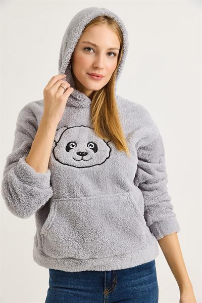 Kadın Kapüşonlu Nakış İşlemeli Peluş Sweatshirt  Gri