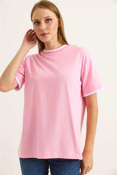 Bisiklet Yaka Kolları Garnili Kadın T-shirt Pembe