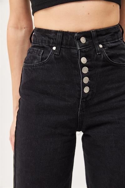 Yüksek Bel Düğmeli Wide Leg Jean Siyah