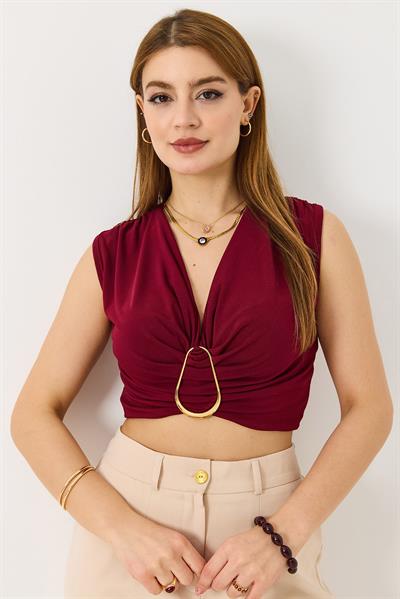 Kalın Askılı Sundy Kumaş Gold Toka Detaylı Bluz Bordo