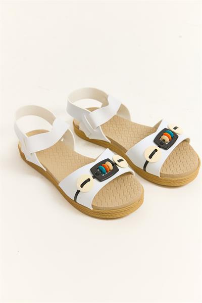 Tek Bantlı Aksesuarlı Sandalet Beyaz