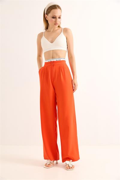 Geniş Paça Kemeri Garnili Palazzo Pantolon Turuncu