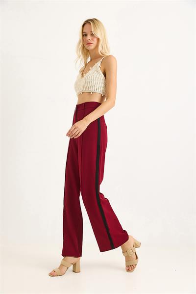 Yanları Şeritlik Bol Paça Kadın Pantolon Bordo