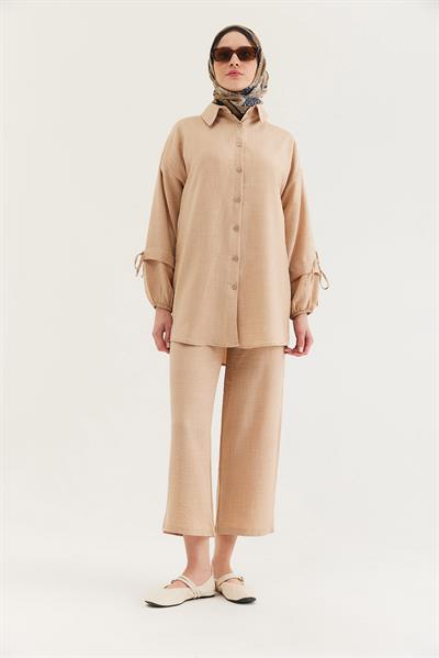 Kol Büzgülü Gömlek Pantolon İkili Takım Krem