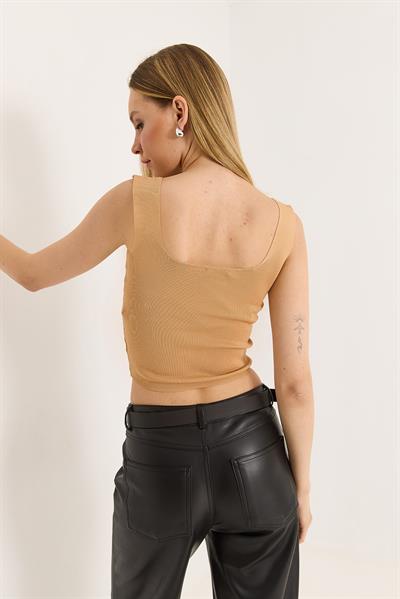  Kare Yaka Crop Triko Bluz Bej