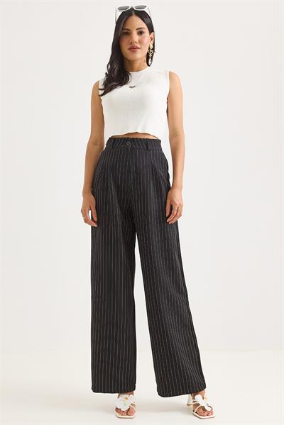 Çizgi Desenli Bol Paça Yüksel Bel Pantolon Siyah