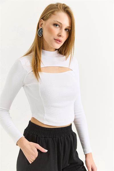 Kadın Fitilli Dekolteli Bluz Beyaz