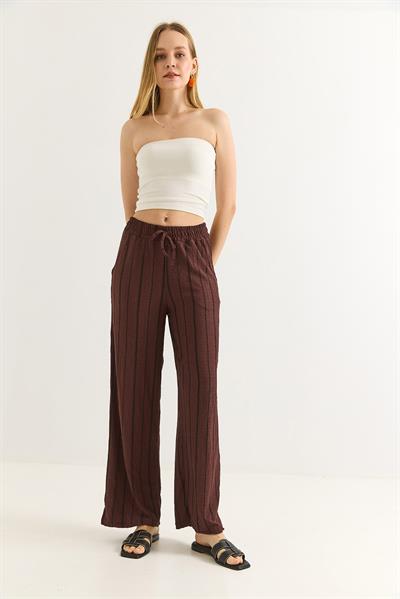 Bürümcük Çizgili Rahat Kesim Pantalon Kahverengi