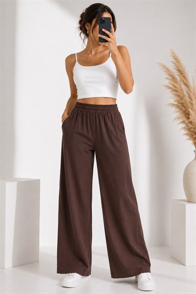 Kadın Beli Lastikli Bol Paça Yüksek Bel Pantolon Kahverengi