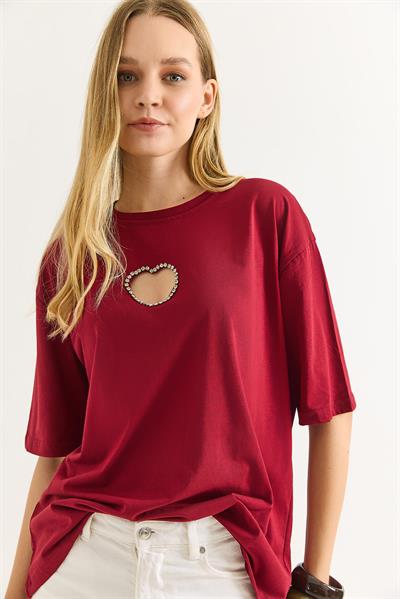 Kalp Dekolteli Bisiklet Yaka Tshirt Bordo