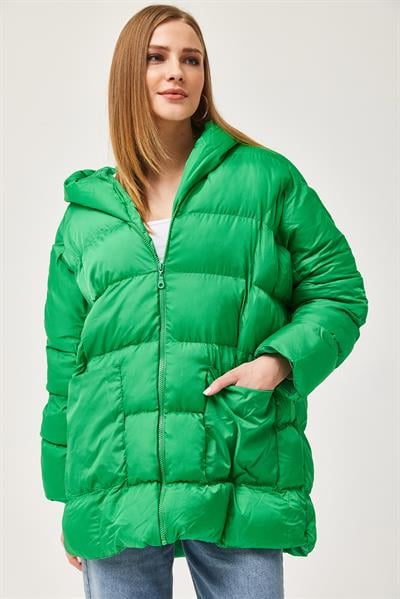 Kapüşonlu Oversize Şişme Mont Yeşil